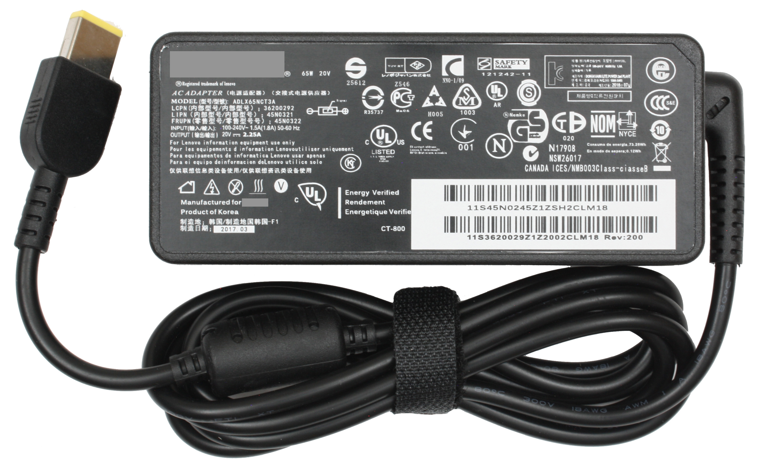 Cargador compatible con Lenovo 20V 2.25A 45W Punta: Lenovo Tipo USB Amarilla 