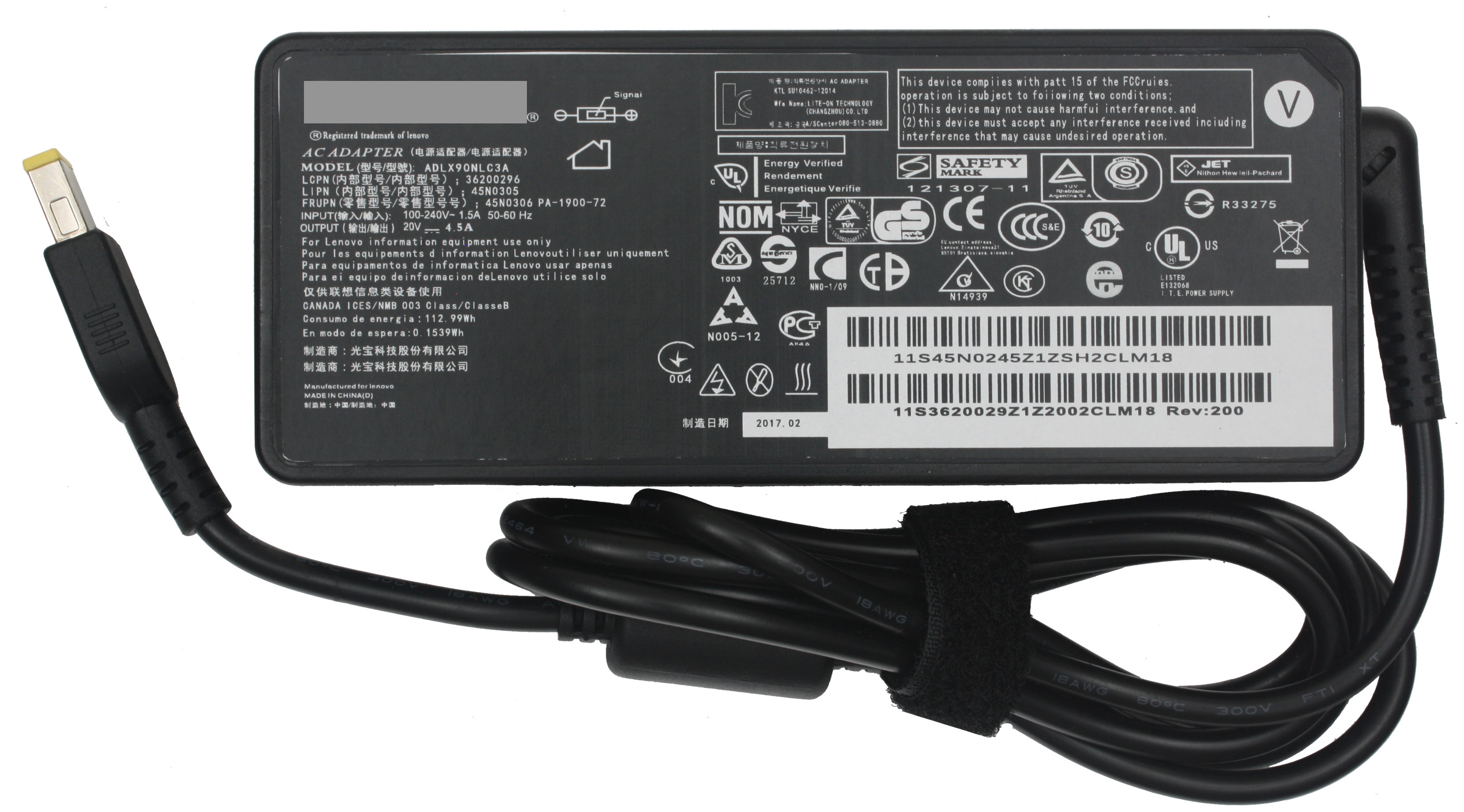 Cargador compatible con Lenovo 20V 4.5A 90W Punta: Lenovo Tipo USB Amarilla 